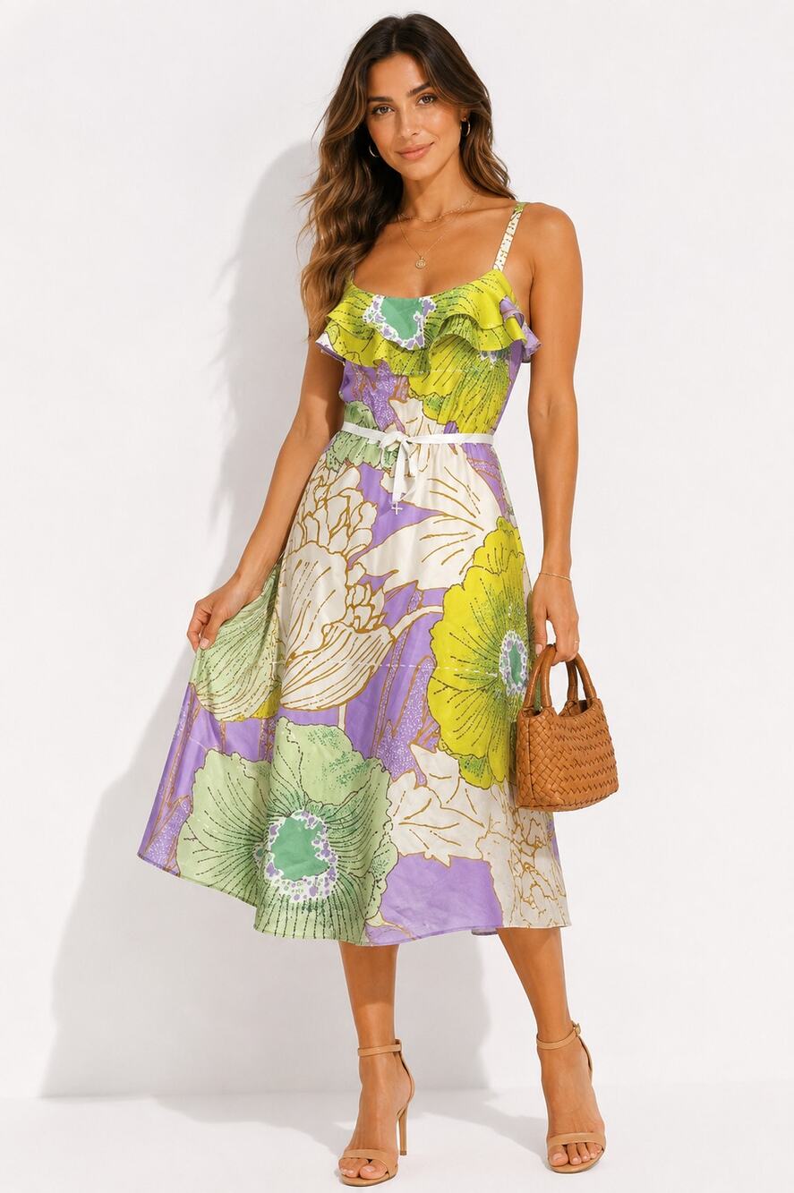Maeve Anthro Silk Floral Midi Dress Ruffle Straps Slip Lined Size 4